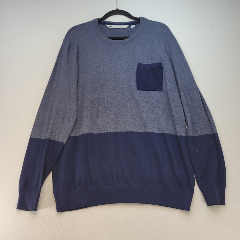 Travis Mathew Sweater Mens XL Blue Colorblock Cashmere Blend Crewneck Pocket